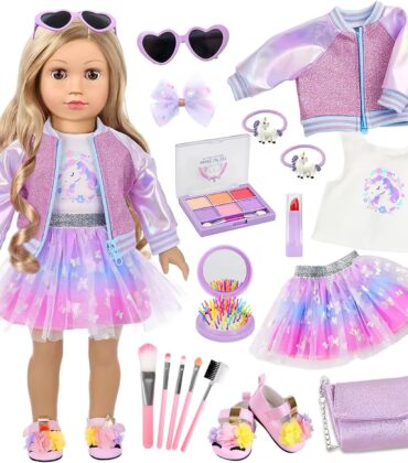 American 18 Inch Doll Makeup Accessories and Clothes Set Includes 18 Inch Doll Clothes and Shoes Bag Makeup Brush Set Foldable Haircomb Eyeshadow Lipstick Bow Hair Clip Sunglasses Hair Rope（No Dolls）